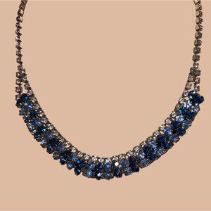 Vintage Rhinestone Necklace With Blue Clear Stones 16 Inches Silver tone Elegant